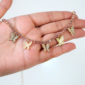 Gold Pink Rhinestone Butterfly Choker Necklace• Butterfly Drop Necklace • Minimalist • Gold Butterfly Necklace